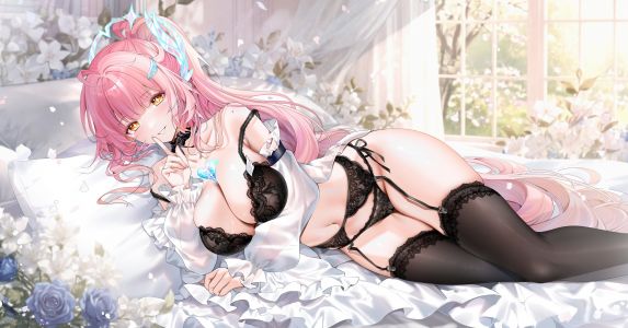 鸣潮,yukineko1018,黑丝,脸红,bra,breasts,cleavage,吊带袜,发饰,长发,视线正对,横臥,胖次,粉发,马尾辫,衬衫,笑顔,single,丝袜,下着