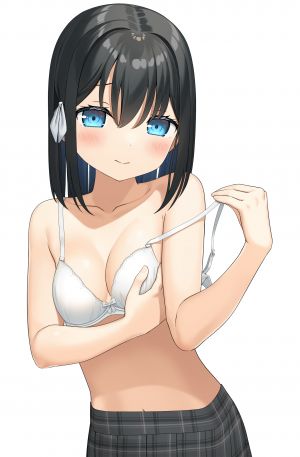 原创,apollo,single,长发,長身像,视线正对,脸红,breasts,碧眼,黑发,白背景,脱衣,少女,短裙,lingerie,bra