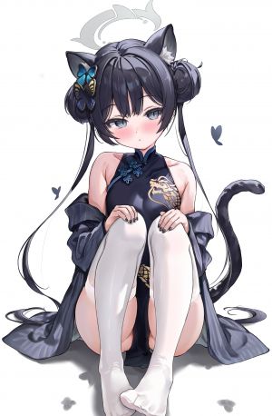 キサキ,蔚蓝档案,nekoyaminamo,兽耳,黑发,breasts,猫耳,猫娘,猫尾,汉服,连衣裙,长发,视线正对,坐姿,single,丝袜,双马尾,白背景,白丝