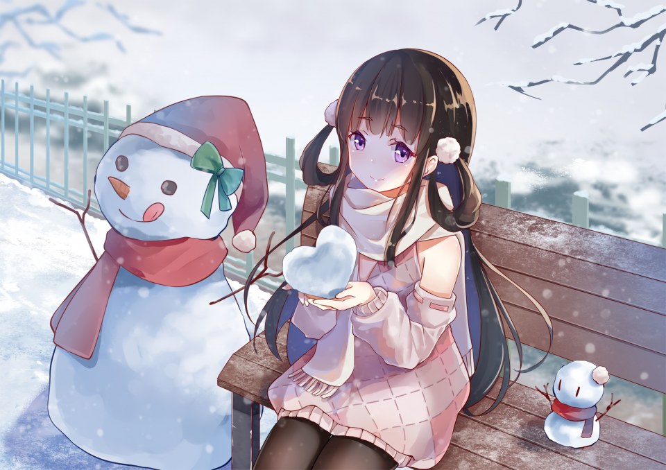 原创 茶发 连衣裙 长发 黑丝 紫色眼 雪花