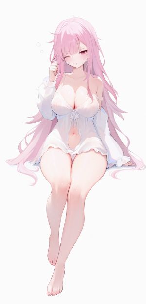 森カリオペ,Hololive,hololive_english,koahri,breasts,cleavage,全身,长发,视线正对,露脐,挤眼,胖次,粉发,single,下着,Vtuber,白背景