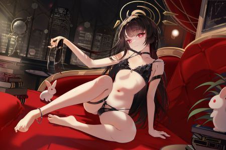 Vtuber,独立虚拟YouTuber,sikimosh,single,长发,视线正对,前发,黑发,红色眼,坐姿,露肩,全身,直刘海,少女,露脐,下着,胖次,动物,项圈,lingerie,bra,光晕
