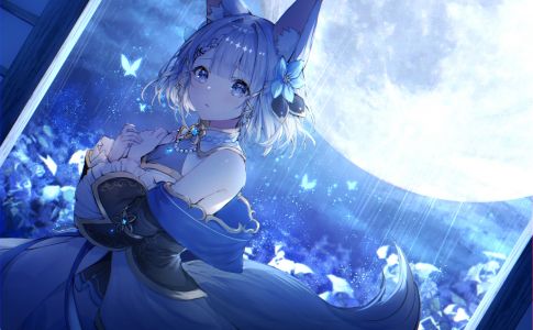 kotsuki_rimu,兽耳,blue,三股辫,蝴蝶,连衣裙,rain,短发,天空