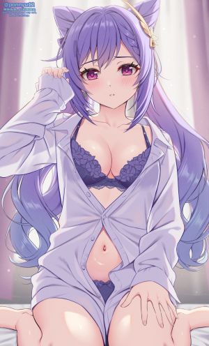 刻晴,原神,ぽんにゅ,脸红,bra,三股辫,breasts,cleavage,双团子头,包子頭,发饰,长发,长袖,视线正对,露脐,胖次,紫发,衬衫,坐姿,single,双马尾,下着