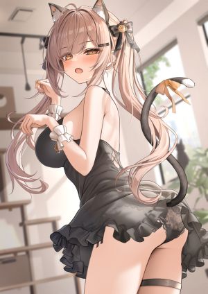 原创,最中_かーる,兽耳,露肩,脸红,breasts,棕色眼,茶发,猫耳,猫尾,发饰,长发,视线正对,開口,single,双马尾