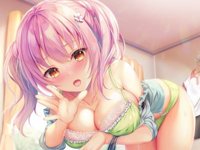 nametakenoko,原创,前发,bra,cleavage,发饰,长发,视线正对,開いた口,胖次,粉发,衬衫,短裙,single,双马尾,下着