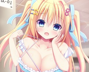 師走ほりお,dengeki_moeoh,原创,金发,脸红,胸部,cleavage,长发,缎带,双马尾,close,cropped