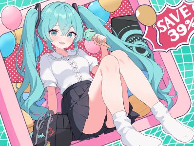 mushpz,初音ミク,VOCALOID,脸红,冰淇淋,长发,衬衫,短裙,双马尾