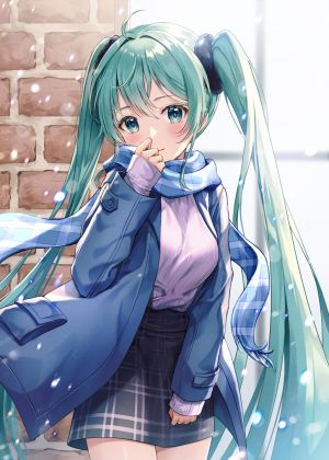 Lunacle,初音ミク,VOCALOID,呆毛,前发,脸红,绿色眼,绿发,长发,长袖,视线正对,迷你短裙,短裙,笑顔,single,双马尾,超长发