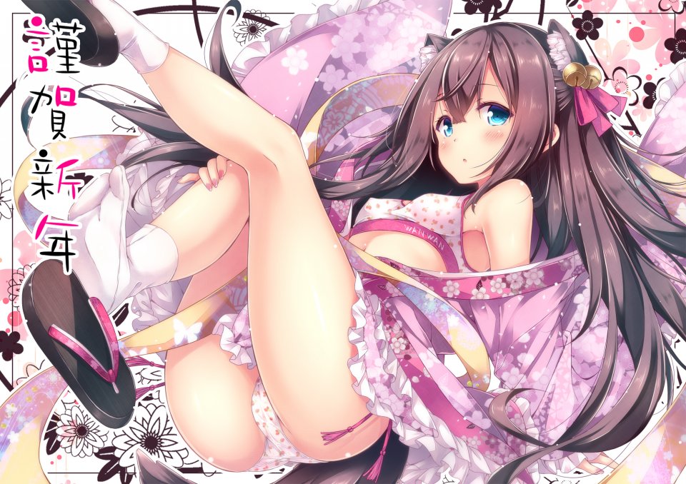 Ryo 原创 兽耳 铃 脸红 Bra 茶发 和服